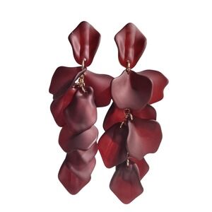 Burgundy Red Rose Petal Drop Earrings Matte Acrylic Tiered Floral Dangle Pierced